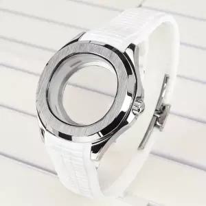 호환 42mm 실버 NH35 시계 케이스 광택 브러시드 블랙 스트랩 사파이어 글래스 노틸러스 아쿠아넛 케이스용