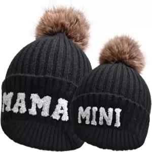 2PCS 부모자녀 비니 모자 엄마와 미니 자수 니트 겨울 따뜻한 수갑 스키 폼