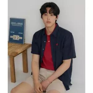 브랜드정품 빈폴 BEANPOLE MEN 리넨 솔리드 반소매 셔츠 네이비 153910