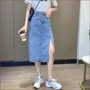 [하프클럽/]H라인 옆트임 데님스커트 미디기장 여자 데일리 청치마