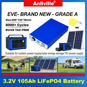 3.2V 105Ah EVE 리튬인산철LiFePO4 프리즘형 배터리 셀, 336Wh 에너지, DIY 태양광 RV 파워팩용 8000 사이