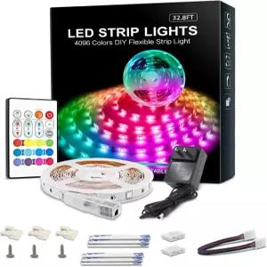 RGB LED 스트립 조명 32.8피트 4096개의 DIY 색상 로프 리모컨이 있는 자가 접착 변경 가정용 테이프 키트