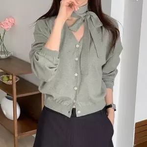 [다잇템] 여자 V넥 SS 코튼 리본보우 세미크롭 일상룩 가디건24610674588872