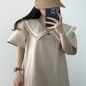 [끌림샵] 린넨 브이넥 빅카라 세일러 반팔 맥시 롱 원피스 (2color)