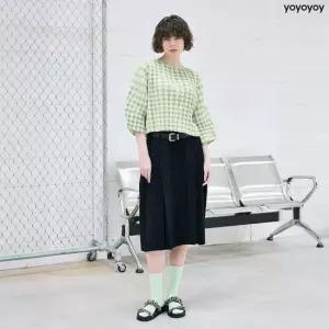 와이오와이 yoyoyoy여성[최초가 119000원] 고방 체크 플리츠 라운드 블라우스 그린_AI02WNPBL09