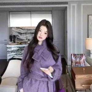 퍼플 보라색 캐시미어 울 숏 코트 자켓 털빠짐 없는