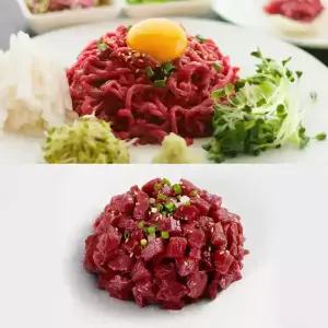[내가고기] 반반 / 육회 + 깍둑 육회 총500g + (고추장맛소스, 구은굵은소금, 참기름) 마장동 국내산 당일작업 신선 냉장