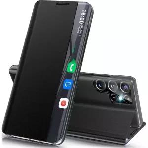 Qissy 삼성 갤럭시 S25 울트라 5G용 폰 케이스, 킥스탠드가 있는 미러 플립 가죽 PC 소재, 블루145974