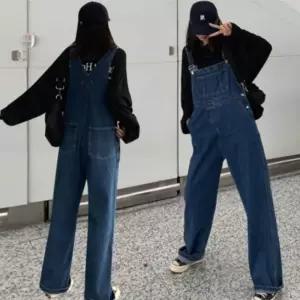 [라일리여성의류] Rly 진청 와이드 여자 점프수트 통바지 데님 청 멜빵