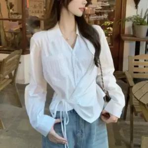 [옷자락] 여자 데일리 언발 스트링 루즈핏 셔츠