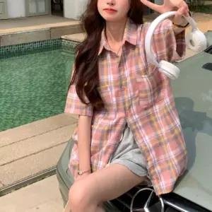 [옷자락] 여자 봄 여름 시원한 루즈핏 체크 반팔 셔츠