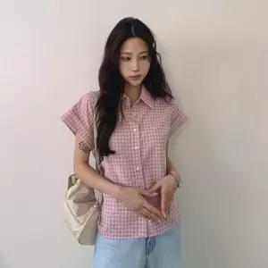 [옷자락] 여자 봄여름 시원한 체크 반팔 루즈핏 셔츠