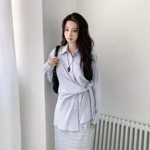 [옷자락] 여자 봄 여름 쾌적한 루즈핏 스트라이프 셔츠