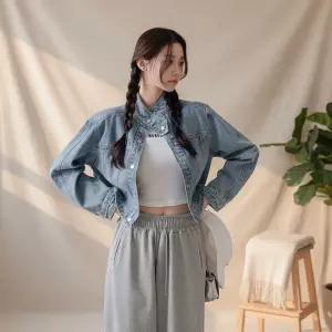 [옷자락] 여성 봄 연청 하이넥 버튼 크롭 면자켓 피크닉룩