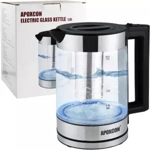 물 끓이기용 APOXCON 전기 주전자 1.8L 티 탈착식 인퓨저 보로실리케이트 유리 보일러 LED 조명 자동 차단