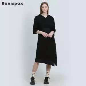 보니스팍스 배색 저지 후드형 롱 원피스
