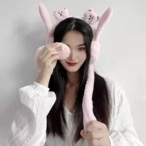 곰돌이 쫑긋 귀마개 핑크 움직이는 보온 방한 방한