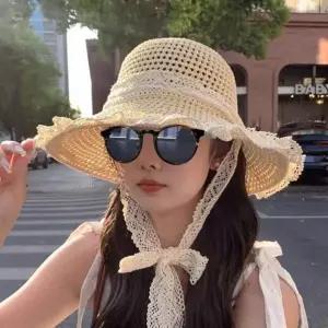 햇 끈 레이스 비치 모자 여성 버킷햇 내추럴 햇빛가리개모자 썸머 밀짚 러블리 원픽