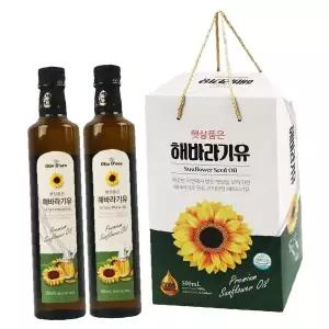 해바라기씨 식용유 500ml 2병 세트 선물용 포장 유리병 요리 조리용 식물성