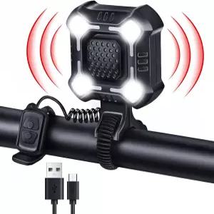 헤드라이트가 장착된 EQIO 140dB 전기 자전거 경적 2 in 1 6 사운드 모드 USB-C 충전식 대규모 투광 벨