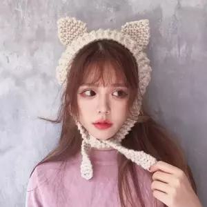 고양이귀 니트 모자 귀도리 겨울 뜨개질 보온 방한 베이지 귀도리 니트햇 한파템
