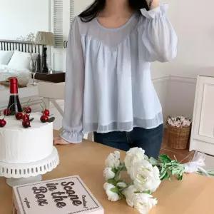 [옷자락] 여성 하트컷 플레어 쉬폰 블라우스 라운드넥