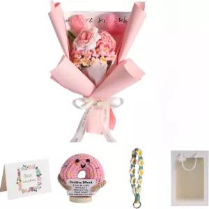 여성용 수제 생일 선물 세트 크로셰 꽃다발 긍정 지원 손 뜨개질 열쇠고리 영감 상자 바구니 곧 로즈