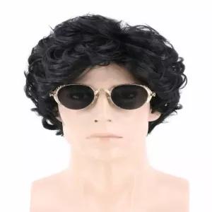 루카코스 남성 숏 컬리 레이어드 합성 가발 블랙 할로윈 코스튬 코스프레 디스코 히피