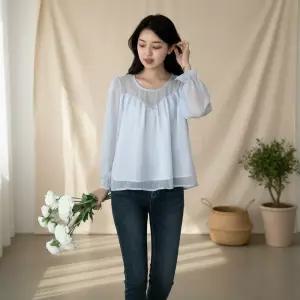 [옷자락] 여성 하트컷 플레어 쉬폰 라운드넥 블라우스