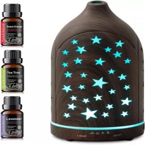 아로마테라피 디퓨저 에센셜 오일 세트 3개 포함 소형 200ml 오피스 데스크 7가지 LED 색상 야간 조명 홈