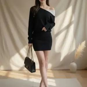 [다잇템] 여성 통소매 스웨터 쁘띠 볼드숄더 언밸런스 배색24387851588872