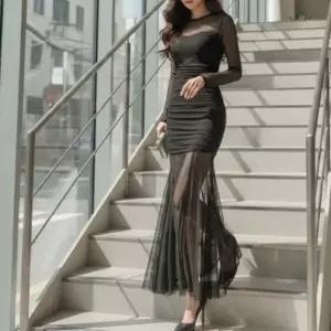 [다잇템] 여성 롱 이브닝 비침 슬림핏 망사 드레스24416536588872