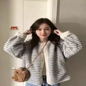 여친 빈티지 캐주얼 양면 램스울 보온 스트라이프 모피코트 싱글 코트 라운드 OP1