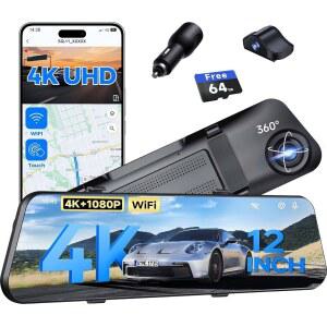 4K 미러 대시 캠 후방 뷰 카메라 WiFi 차량용 후면 G센서 7 주차 모드 12인치 터치 스크린 64GB 카드