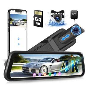 캠초 4K 후방 뷰 미러 카메라 64GB 카드 장착 차량용 66인치 IPS 대시 캠 후면 터치스크린 백업 야간 투시 G센서 WiFi GPS BS