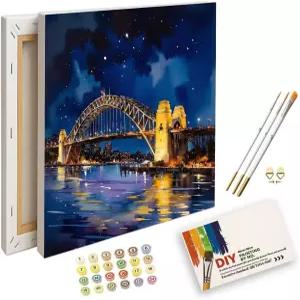 숫자 키트별 호주 랜드마크 페인트 - DIY 시드니 하버 브리지 인 나이트 페인팅 캔버스 12X16IN 프레임