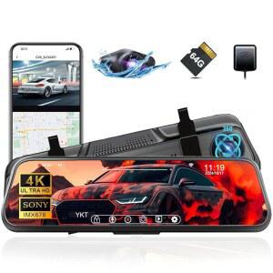 YKT 4K 미러 대시캠 2K 카메라와 64GB 카드가 차량용 리어 뷰 카메라 10인치 터치스크린 후면 WiFi GPS 야간 투시 G센서 리버스