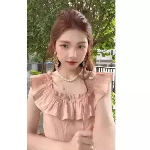 여성용 원피스 스커트 롱 핑크 봄 여름 쉬폰원피스 시폰 프렌치 소매 작은 쉬폰 넥 admr2
