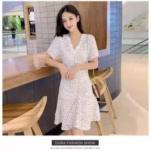 여사친 원피스 하프 여름 쉬폰 쉬폰원피스 A라인 시폰 도트 슬림핏 반팔 브이넥 admr2
