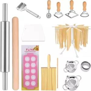 16PCS 파스타 만들기 도구 세트에는 건조대 1개 노치 보드 반죽 스크레이퍼 스테인리스 스틸 롤링 핀 4개