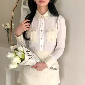 [다잇템] 여자 카라넥 시폰 콩단추 콘트라스트 더블포켓 들러리룩 블라우스24432455588872