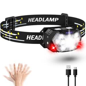 Eirnvop 2000LM 울트라 브라이트 9 LED 헤드램프, USB C 충전식 헤드라이트, 10가지 모드, 방수 모션 센서 화이트 레드 라이트, 성인 야외 하이킹용 조절 가능한 헤드밴드