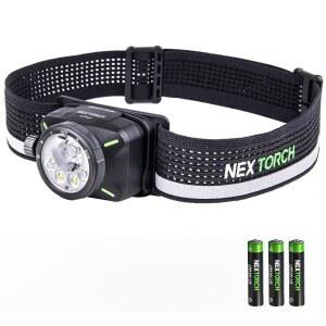 넥스트오치 eStar 1300 루멘 헤드램프 충전식, 스팟 및 홍수 기능이 있는 러닝 LED 헤드라이트 엑스트라 라이트, 레드 야외 캠핑 하이킹 작업용 방수 헤드밴드, 3*AAA 배터리, 블랙