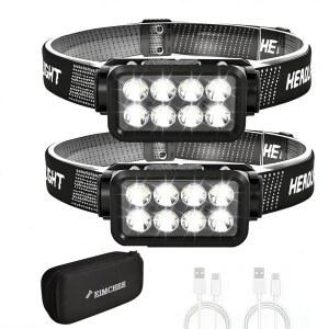 엘름치 충전식 헤드램프 2팩, 2500루멘 브라이트 8 LED 헤드라이트, 10가지 모드 조절 가능한 모션 센서, USB-C 방수 헤드 플래시라이트, 야외 하이킹 캠핑 낚시(LED 8개)
