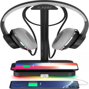무선 충전 데스크 게임 헤드셋 홀더 행거 랙과 10W/7.5W QI 패드 및 QC 3.0 USB 포트가 있는 KAFRI RGB