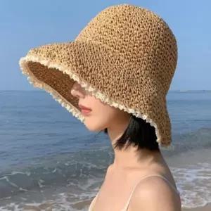 휴양지 모자 왕골 끝단 비치햇 바캉스 썬캡 여성 여름 레이스 모두팜_25163825