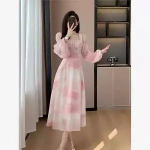 원피스 분홍 여자 프렌치 부드러운 봄가을 바캉스 롱스커트 쉬폰 프린트 예쁜 스포M3