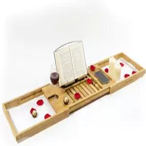OVENTE 욕조 트레이 캐디 확장형 대나무 목욕 테이블 책 태블릿 휴대폰 및 와인 잔 홀더가 있는 나무 보드
