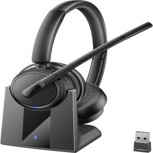 노이즈 캔슬링 마이크가 있는 Mopchnic 무선 헤드셋 USB 동글이 온이어 블루투스 음소거 기능 및 충전