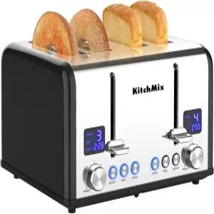 토스터 4 슬라이스 LCD 타이머가 있는 KitchMix 베이글 스테인리스 엑스트라 와이드 슬롯 듀얼 스크린 제거